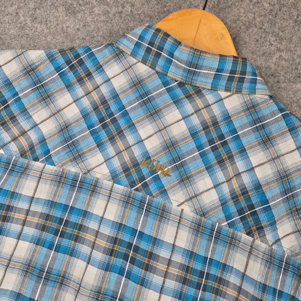 KUHL Seersucker Shirt Mens XL Blue Plaid Short Sleeve Button Up Hiking Gorpcore - Picture 6 of 10